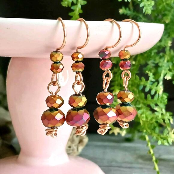 Boho Chic Pink & Copper Faceted Glass Beaded Dangle Earrings, OOAK 1.5" - Picture 1 of 4